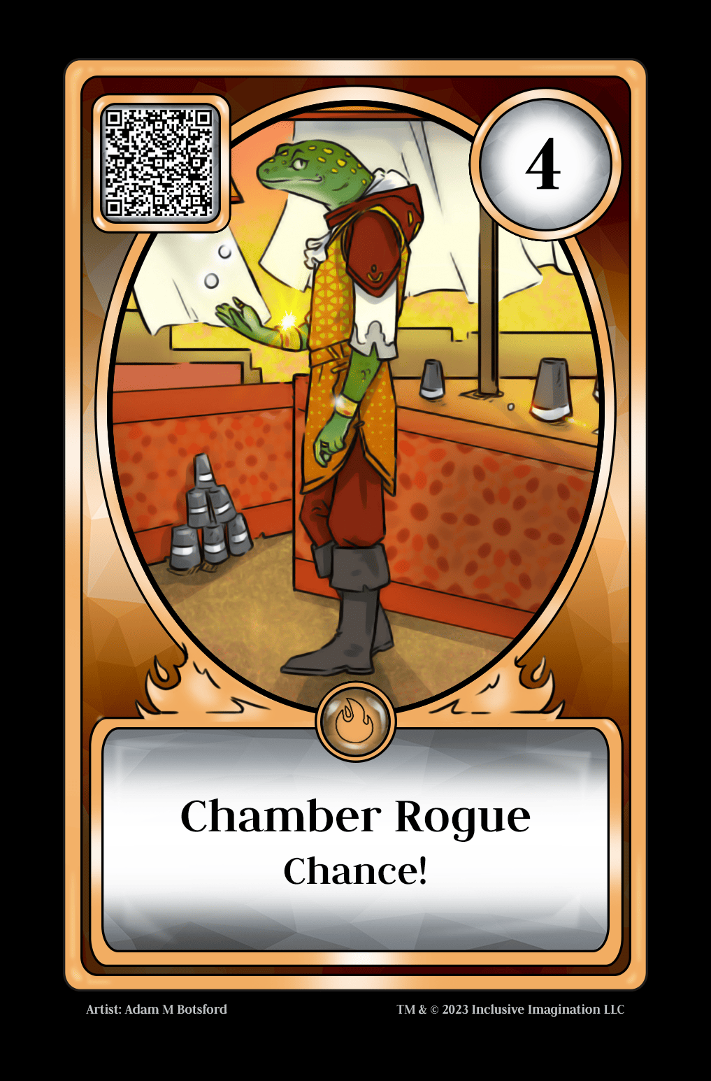 A humanoid lizard in a orange and red tunic juggles in one hand a set of balls to a shell game as black cups are aligned on a table. 