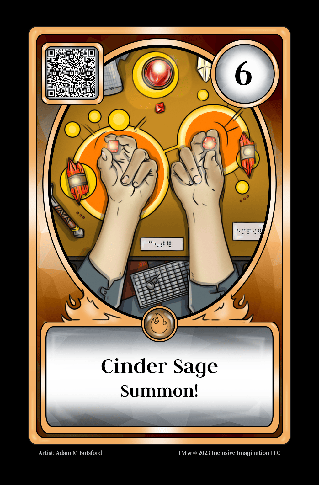 A master of the elements holds orange power crystals in each hand over bright energy circles. Braille labels on the desk read "center" and "empower."
