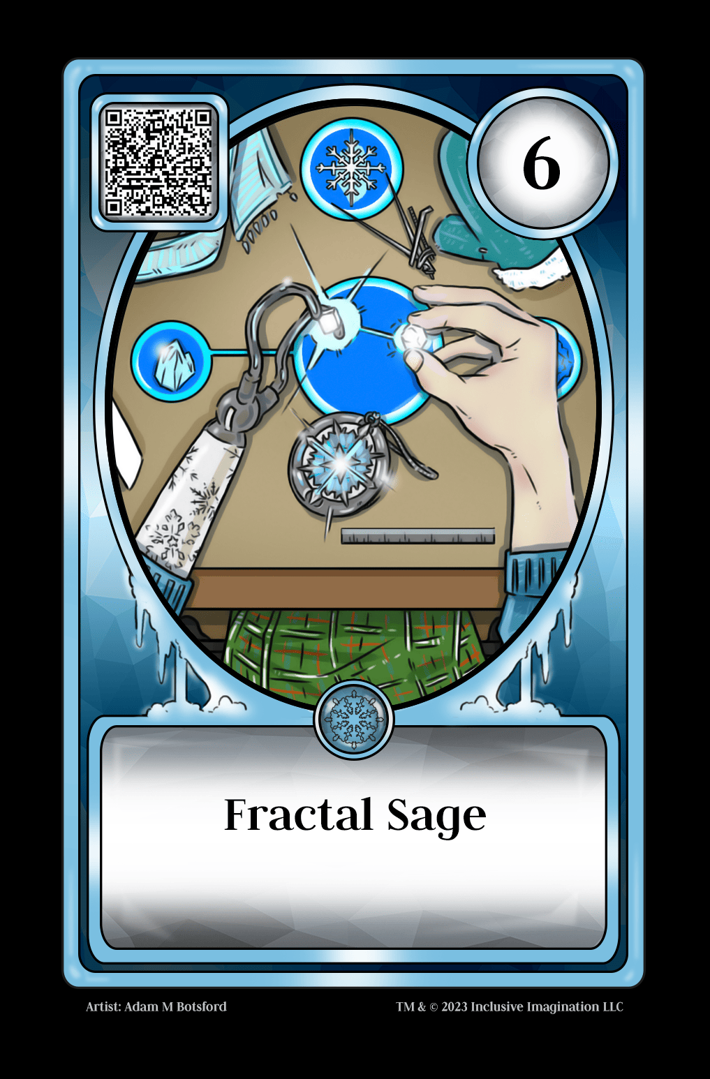 A master of the elements holds two power crystals: one in hand and the other between the digits of their exposed metal prosthetic. Crystals and snowflakes shine as they connect with the desktop energy circles. 