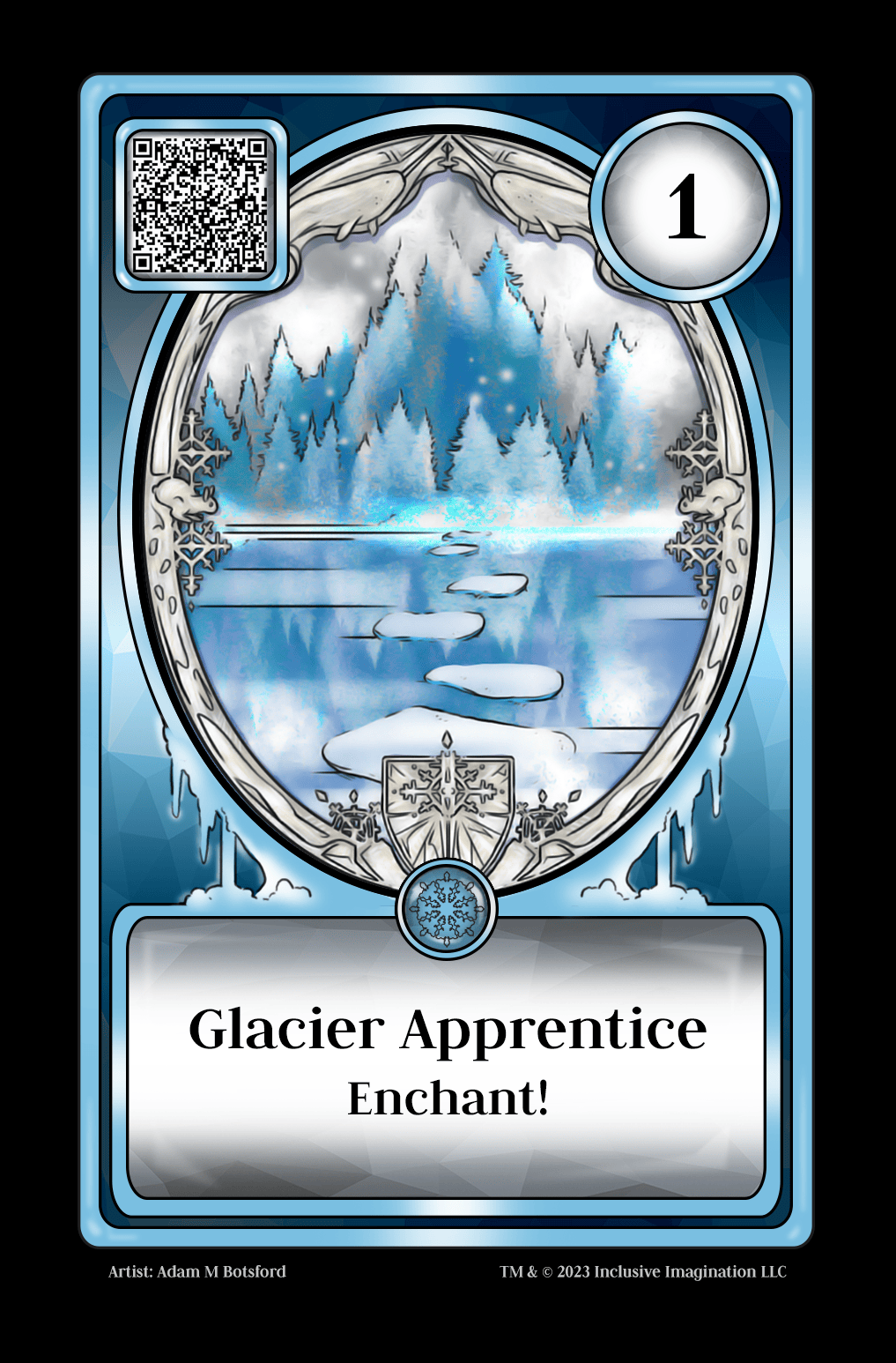 A decorative wooden mirror with a frame engraved with Glacier class characters, reveals a portal to a snowy landscape. Glacier stepping stones emerge over a cold, still river as though an invitation to a land that awaits. 