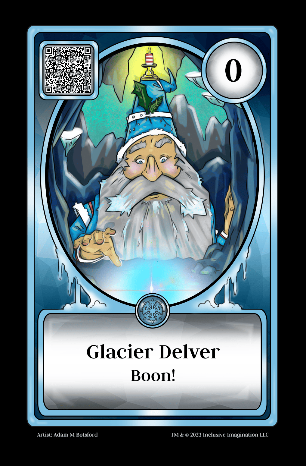 A cave-delving gnome with medium skin tones and fluffy, gray beard reaches toward a glorious treasure unknown. The blue robe and stiff cap upon his head (complete with holly and a burning candlestick on top) shine like the mushrooms on the walls of the cave he has found himself in.