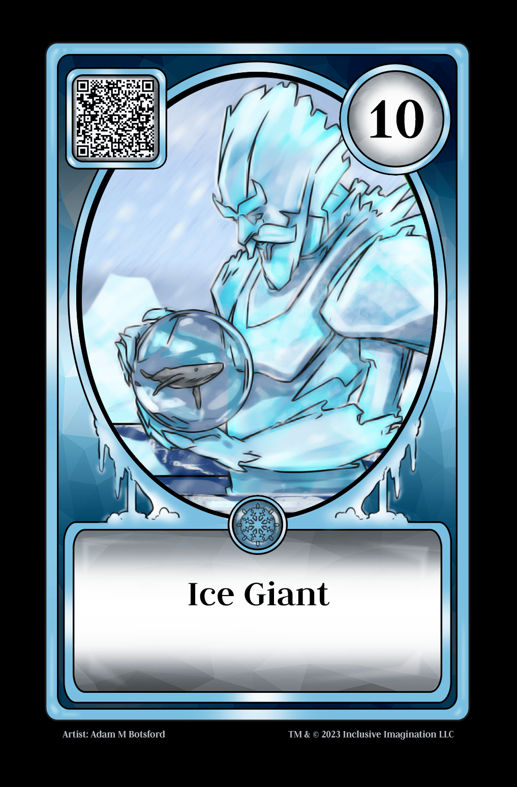 An enormous frosty golem holds a whale contained within a water sphere in the palms of his hands. He looks upon it with care. 