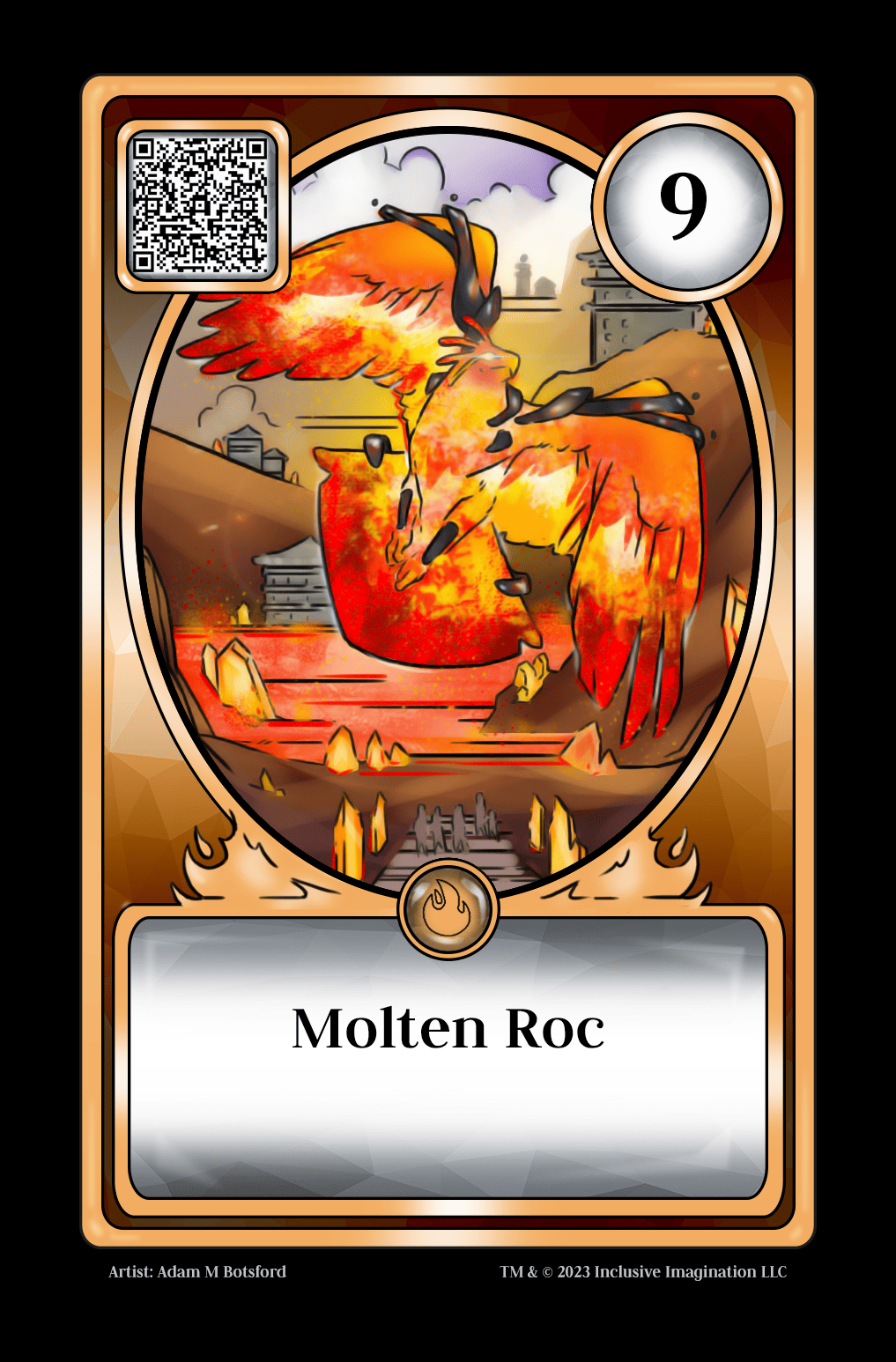 A giant, mythical eagle formed by magma itself flies through a city and towers over the mere observers.