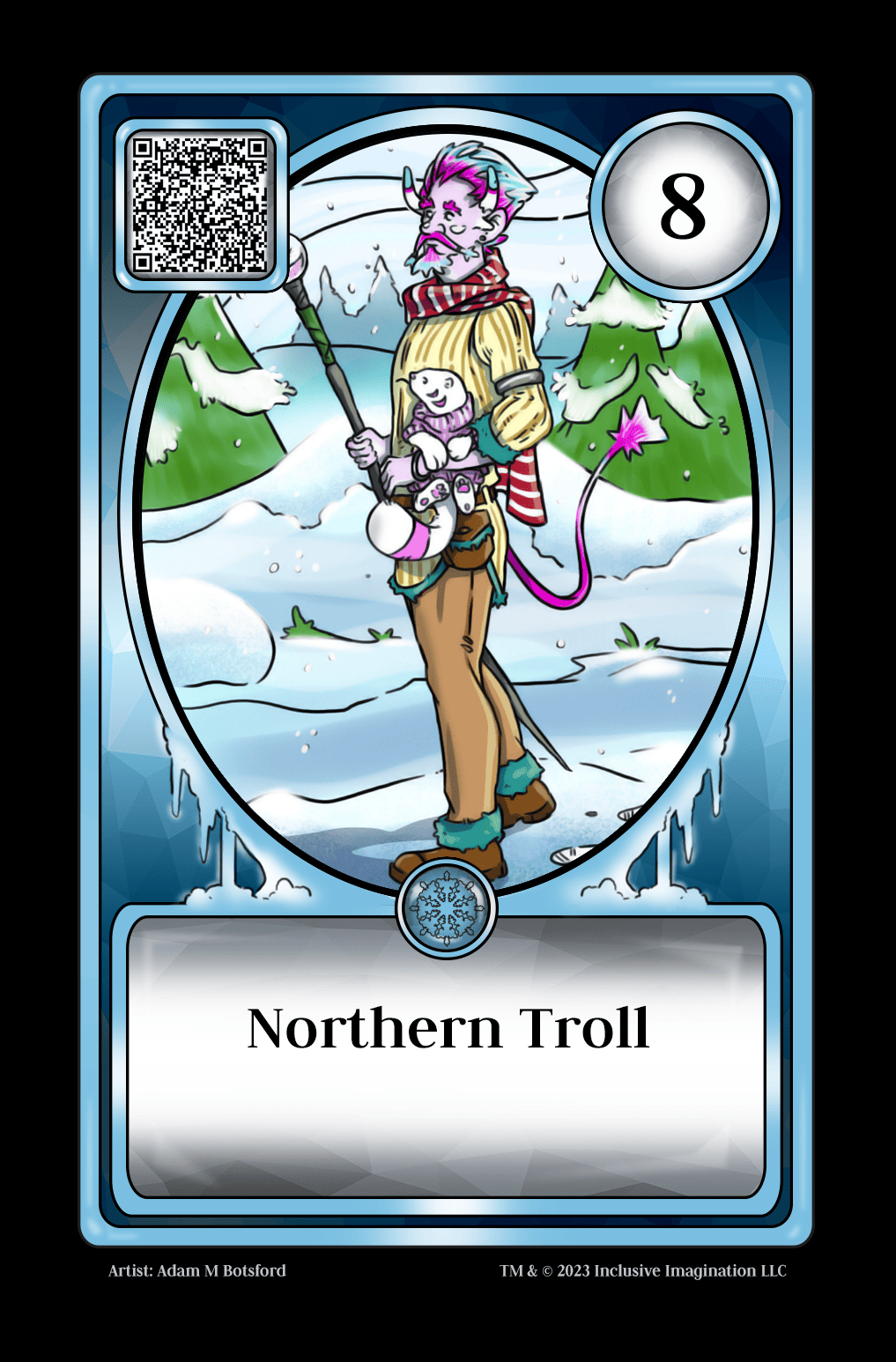 A blue-and-pink-haired troll with a snow-globe scepter and holiday attire strolls along a winter wonderland with a pet ferret in hand. Of course, they have matching scarves.