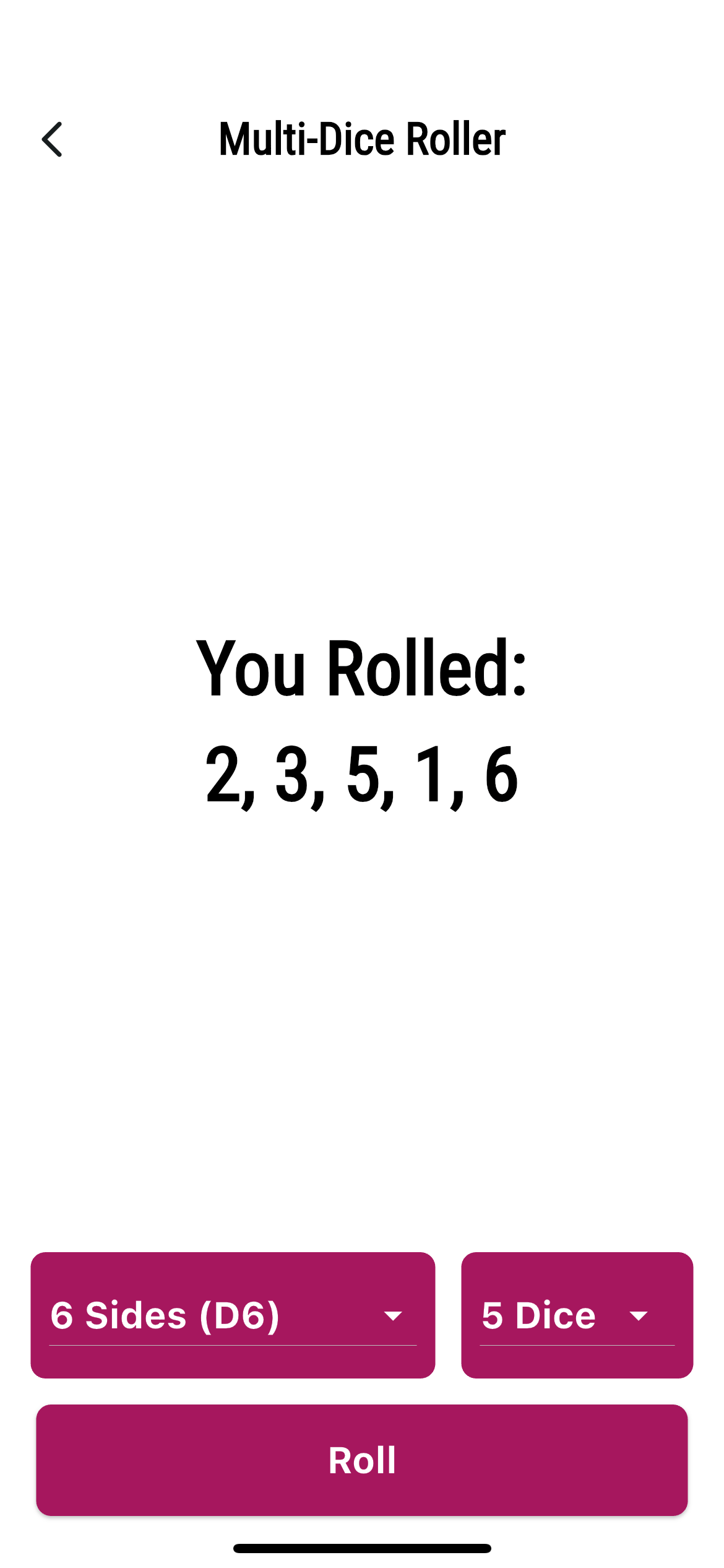 Screenshot of multi-dice roller app with 5 D6s being rolled showing the following: 2,3,5,1,6