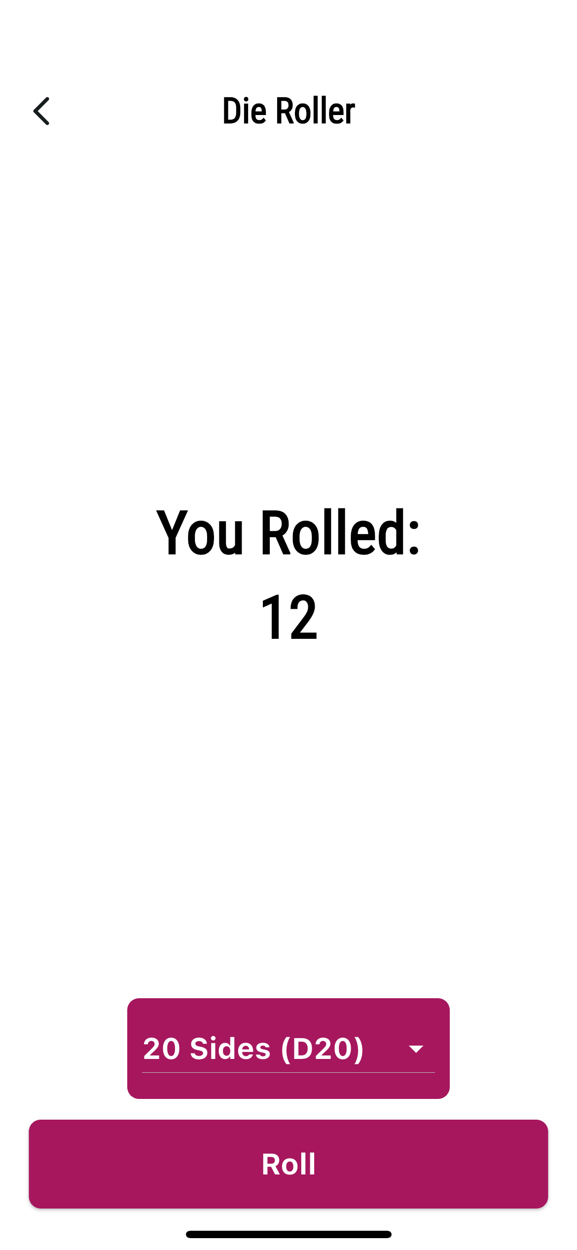 Screenshot of Dice Roller app showing a D20 rolling a 12