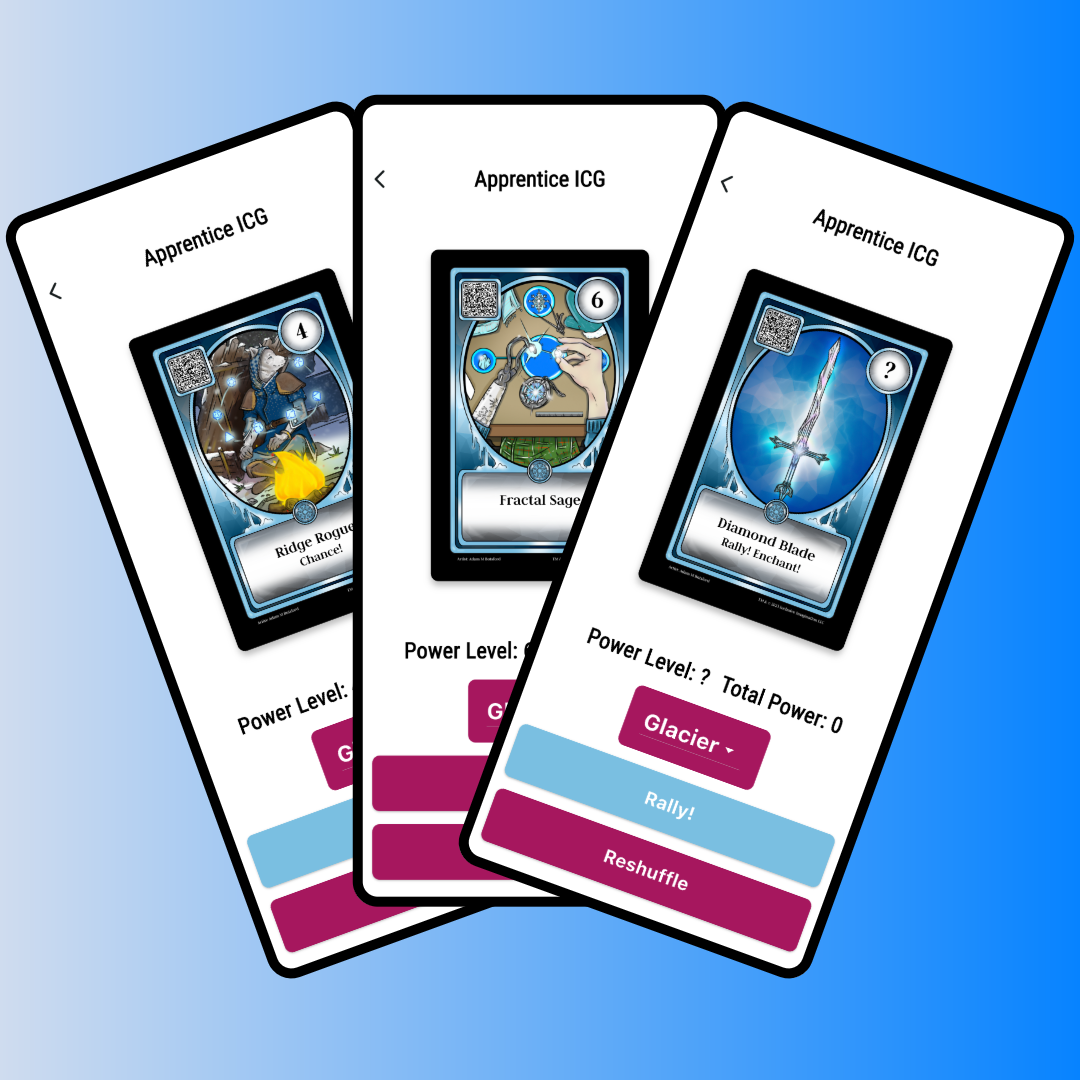 Screenshots of Apprentice ICG played via Access Arcade showing assorted cards and game commands