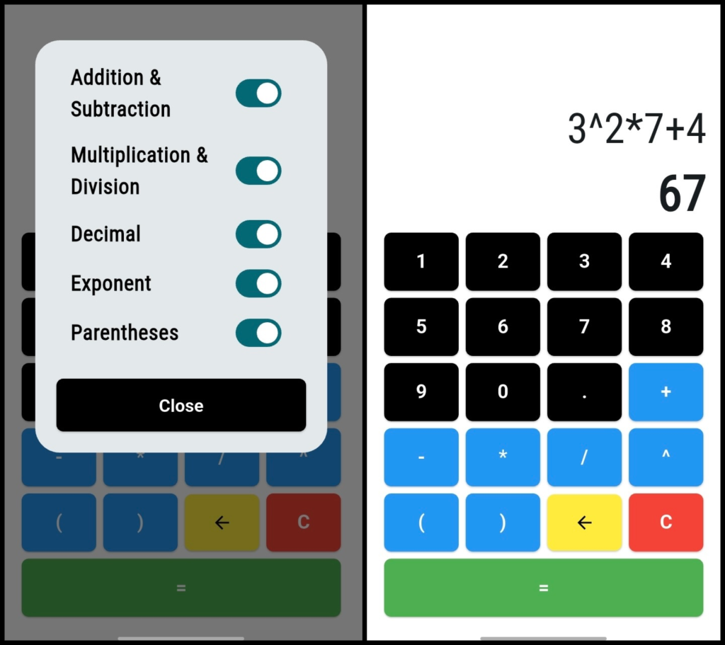 Two screenshots of Access Calc showing all toggle switches on (add/subtract, multiply/divide, decimal, exponent, and parentheses)