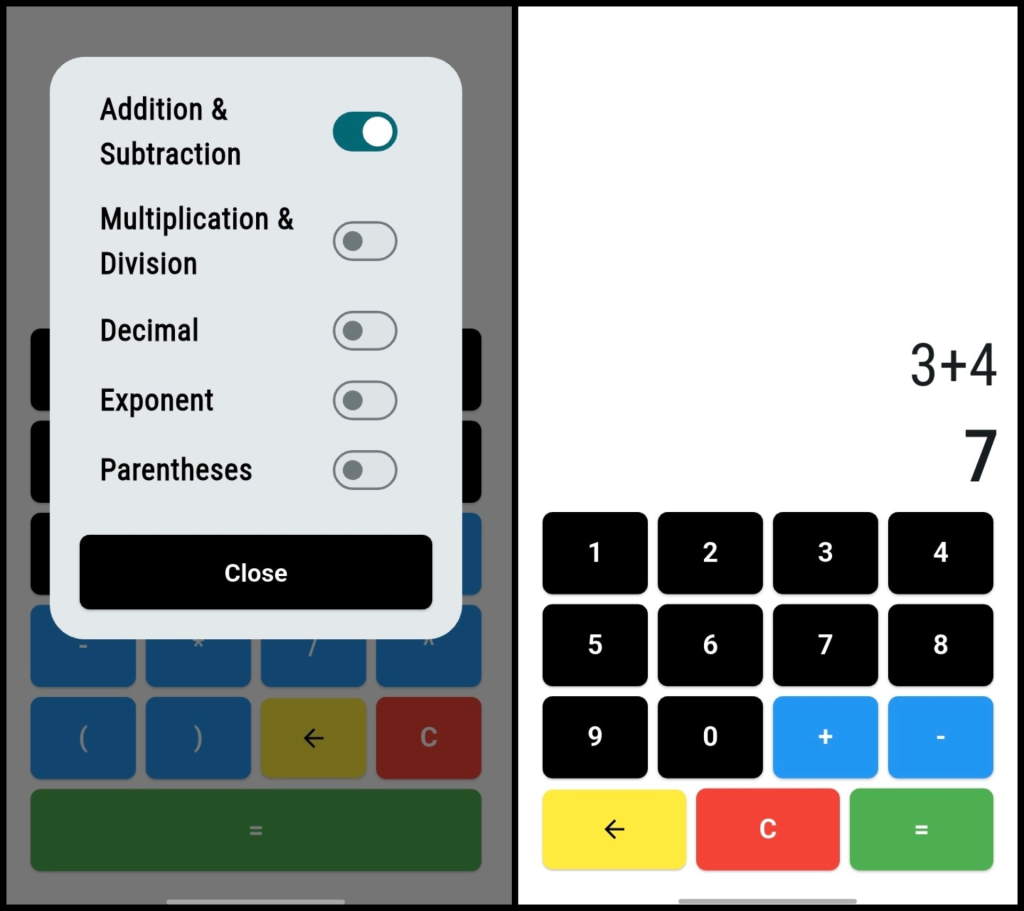 Two screenshots of Access Calc showing toggle switches with Addition and Subtraction on and all else off